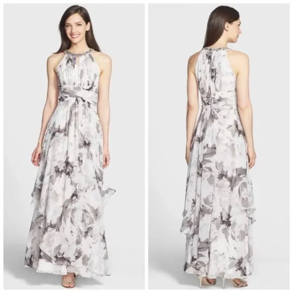 Eliza J  Women's Grey Embellished Print Chiffon Maxi Dress Size 10